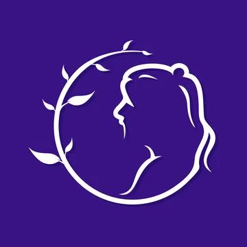 Silhouette Logo of Woman's Head Inside a Circle of Foliage Twigs Stock Illustration