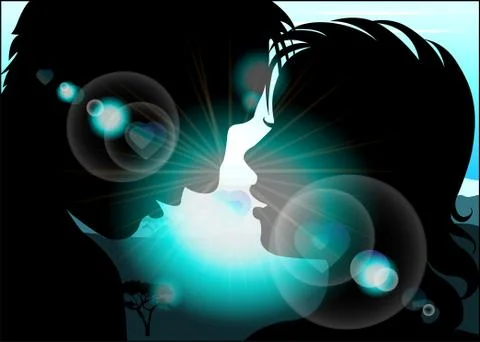 Silhouette of lovers on a background with sun rays and blue sky Stock Illustration