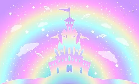 Silhouette of a magic castle on a background of a rainbow sky with stars. Stock Illustration
