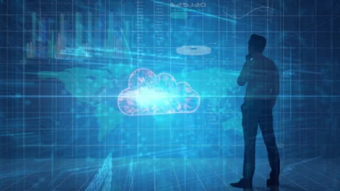 Silhouette male analyzing blockchain data by initiating glowing cloud amid Stock Footage 312639417
