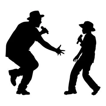 Silhouette of Man and Boy Singing with Microphones on White Background Stock Illustration