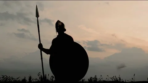 Silhouette of man in armour posing with spear in field. Stock Footage 140114689