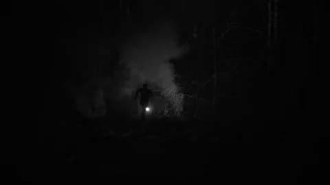 Silhouette of man chased by light through the forest at winter night Stock Footage 81987315