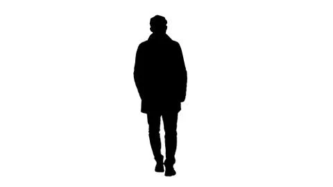 Silhouette Man with dark beard in light trench coat walks. Illustrazione stock