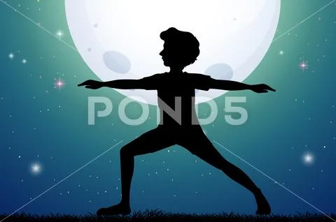 Silhouette man doing yoga on fullmoon night Stock Illustration