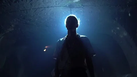 Silhouette of a man exiting from a dark cave to light in exterior, slow motion Video stock 135340431
