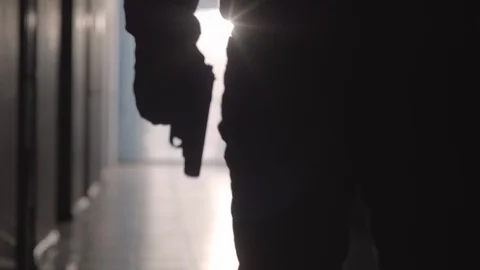 Silhouette of Man Going with Handgun Stock Footage 100798084