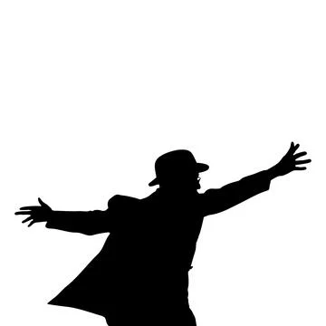 Silhouette of Man in Hat and Coat Reaching Out with Open Arms on White Illustrazione stock