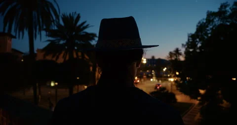 Silhouette of Man in Hat Looking Over Palma de Mallorca at Night Stock Footage 343594926