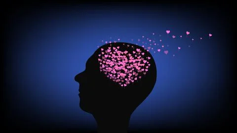 Silhouette of man head in profile with brain in form of heart Stock Illustration