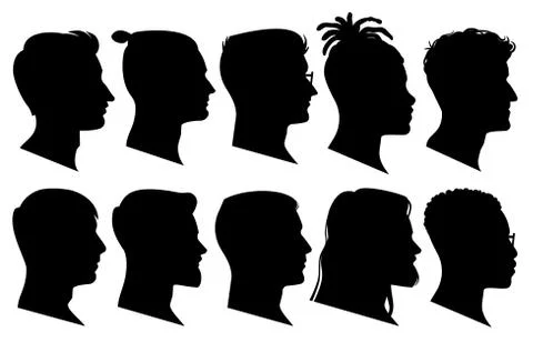 Silhouette man heads in profile. Black face outline avatars, professional male Stock Illustration