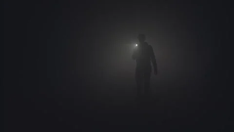 Silhouette of Man Holding Flashlight in Dense Fog or Smoke Stock Footage 314303622