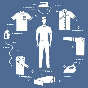 Silhouette of a man, irons and different clothes. Stock Illustration