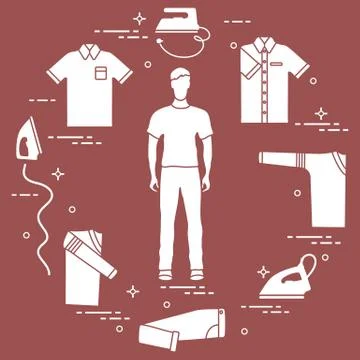 Silhouette of a man, irons and different clothes. Stock Illustration