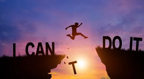 Silhouette man jumping over the cliffs with I can do it word in sunlight. Nev Stock Illustration