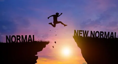 Silhouette man jumping over the cliffs with New Normal word in sunlight. Ne.. Stock Illustration