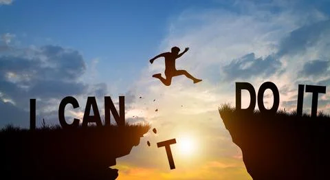 Silhouette man jumping over the cliffs with I can do it word in sunlight. N.. Stock Illustration