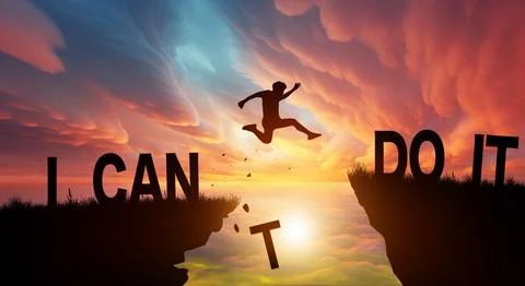 Silhouette man jumping over the cliffs with I can do it word in sunlight. N.. Ilustração Stock