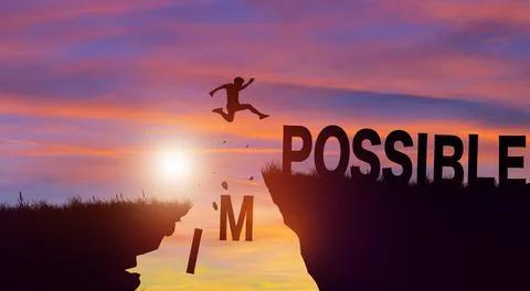 Silhouette man jumping over impossible and possible wording with cloud sky an Stock Illustration