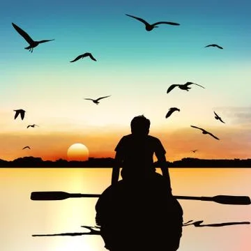 Silhouette of a man kayaking. Stock Illustration