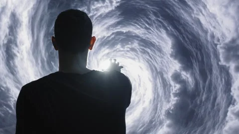 Silhouette Man Looking Into Mystical Cloud Vortex Portal Time Travel Spiritual Video stock 288885044
