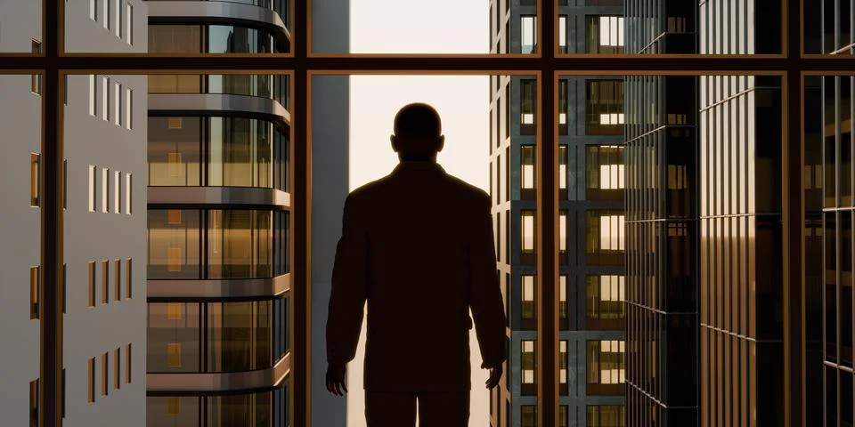 Silhouette of man looking out of window at cityscape during daytime 3d render Ilustración de archivo