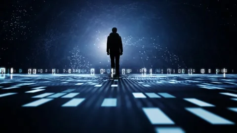 Silhouette of a man in loop digital binary code data network Stock Footage 338304247