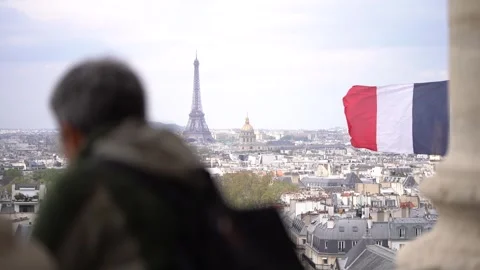 Silhouette of a Man Man Looking At Paris Skyline with the Eiffel Tower in Stock Footage 257540489