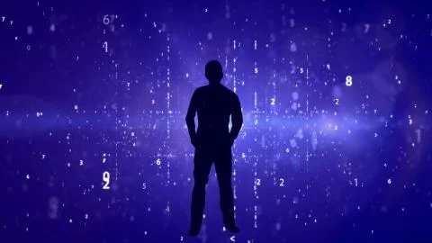 Silhouette of man on matrix effect background. 库存照片
