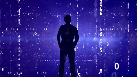 Silhouette of man on matrix effect background. Stock Photos