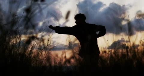 Silhouette of man practicing martial arts during a sunset in the mountains Stock Footage