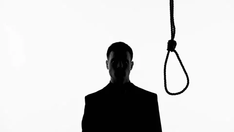 Silhouette of man putting loop on neck, going to commit suicide through hanging Stock Footage 86184436