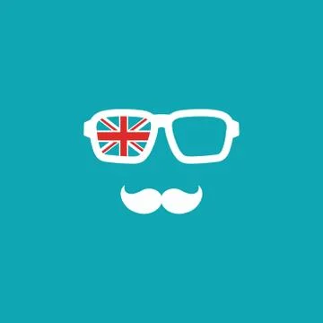 Silhouette of man s head with moustaches, hipster glasses and English flag. Stock Illustration