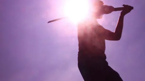 Silhouette man with samurai sword routine Stock Footage 48897340