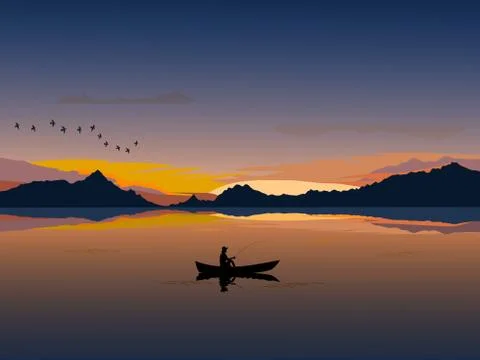 Silhouette of a man on a small boat that is fishing Stock Illustration