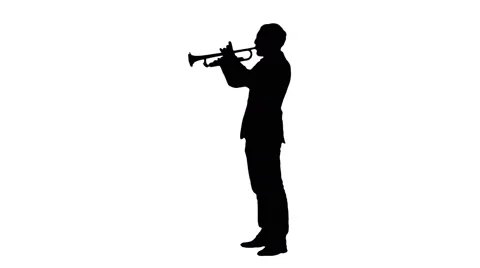 Musician Blows the Trumpet Cheerful Rhythms. Silhouette in the Studio,  Stock Footage