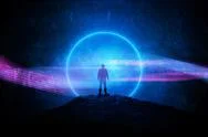 A Silhouette Of A Man Standing In Front Of Glowing, Glitch Neon Background Stock Photos