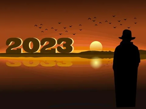 Silhouette of a man standing looking at the numbers 2023 With the sea and t.. Stock Illustration
