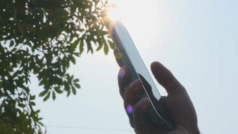 Silhouette Of Man Use Mobile Phone Against The Sun In Evening Time On Sunset Stock Footage 234487167