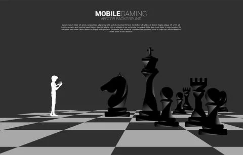 Silhouette of man using mobile phone with chess. Business Concept of marketin Stock Illustration
