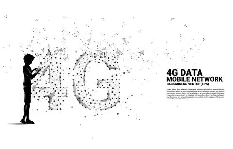 Silhouette of man using mobile phone with Polygon dot connect line shaped 4G  Stock Illustration