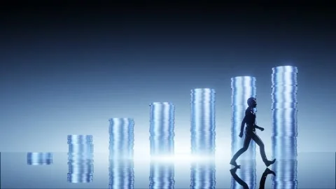 Silhouette man walk pass graph and rows of money coins Stock Footage 220951092