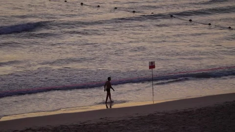 Silhouette of man walking with bathing suit on sandy beach after sunset Stock Footage 312446822
