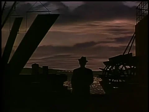 Silhouette of man walking down pier at night Stock-Footage 260248596