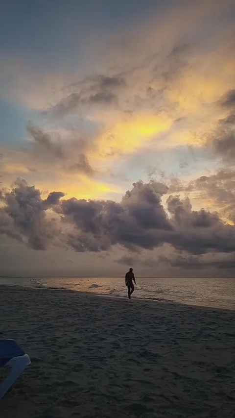 Silhouette of a man walking on a sandy beach at sunset Stock Footage 344819156