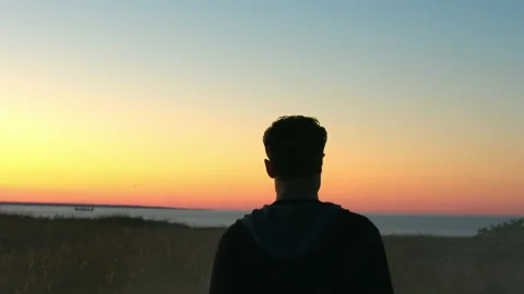 Silhouette of a man walking through a field during summer sunset Stock Footage 139626041