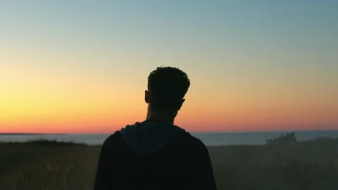 Silhouette of a man walking through a field during summer sunset Stock Footage 139637619