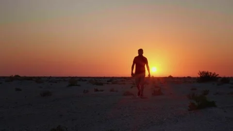 Silhouette of a man walking toward camera in desert with sunset behind. Stock Footage 296372237