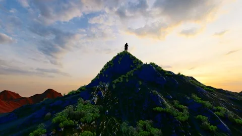 Silhouette of a man who successfully climbed to the top of a mountain Stock Footage 280724541
