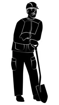 Silhouette of man in work clothes and hard hat stands leaning on shovel isolated Stock Illustration